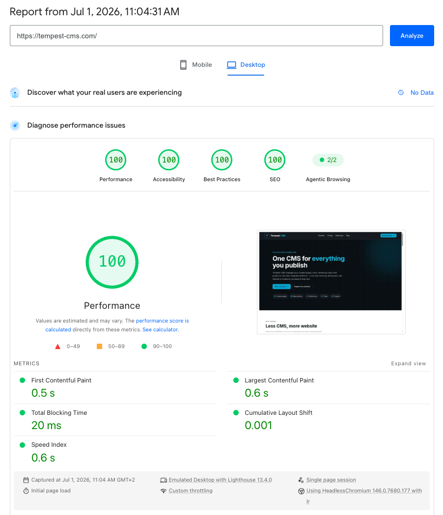PageSpeed Insights report for Perfekte 100 på hver score